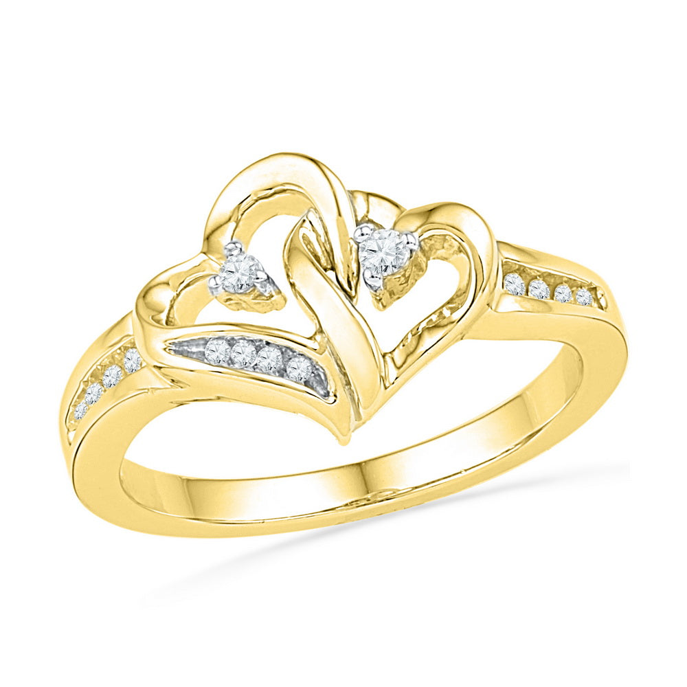 10kt Yellow Gold Womens Round Diamond Double Heart Love Ring 1/10 Cttw