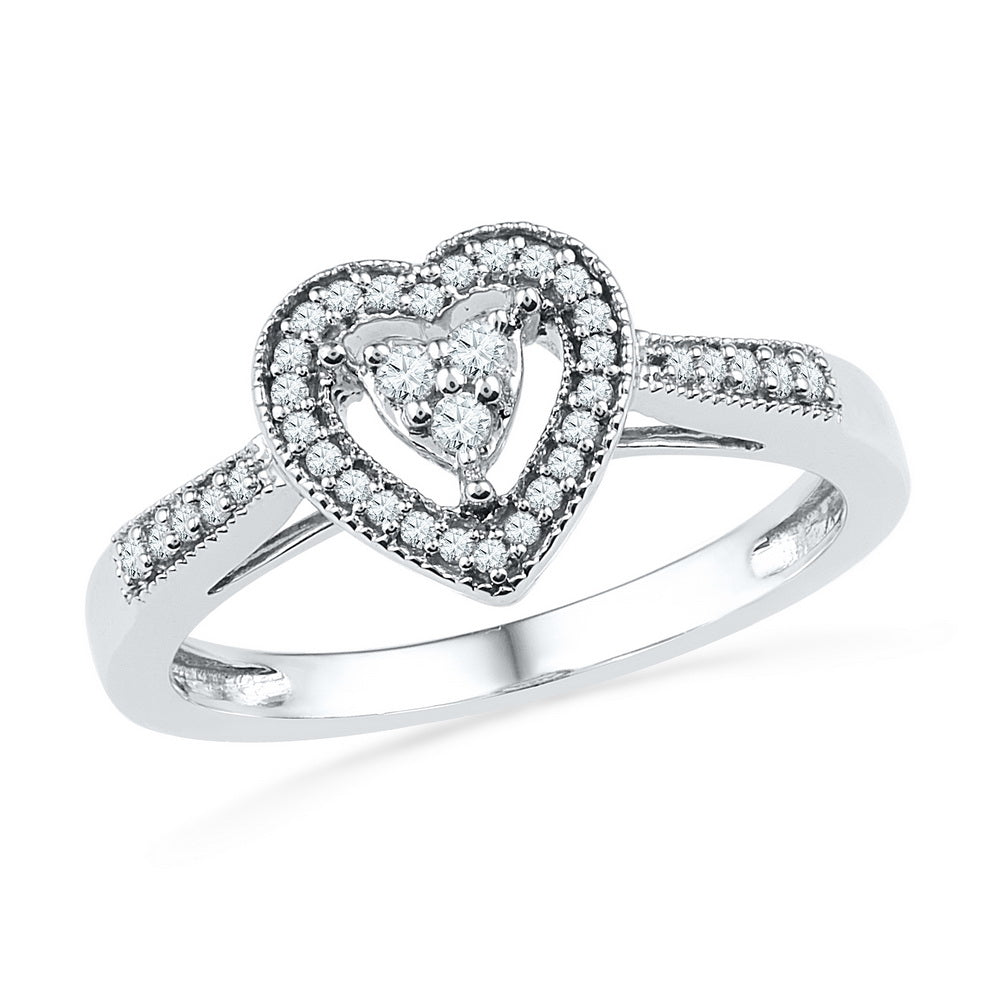 10kt White Gold Womens Round Diamond Heart Cluster Ring 1/5 Cttw