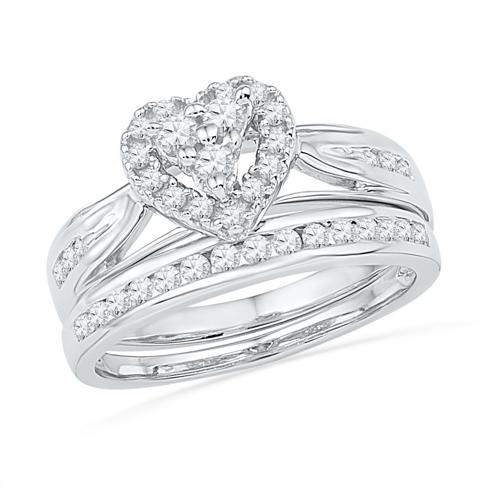 10kt White Gold Womens Round Diamond Heart Bridal Wedding Engagement Ring Band Set 1/2 Cttw