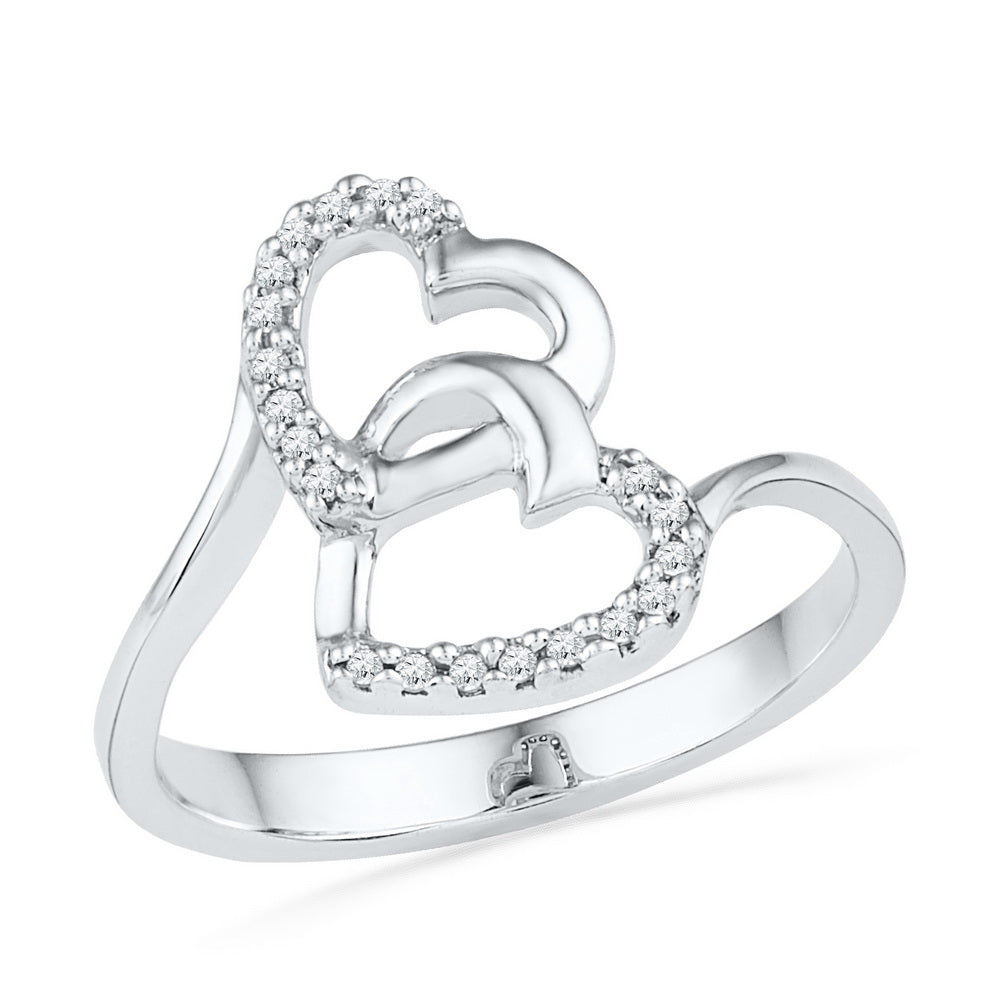 10kt White Gold Womens Round Diamond Double Heart Love Ring 1/12 Cttw