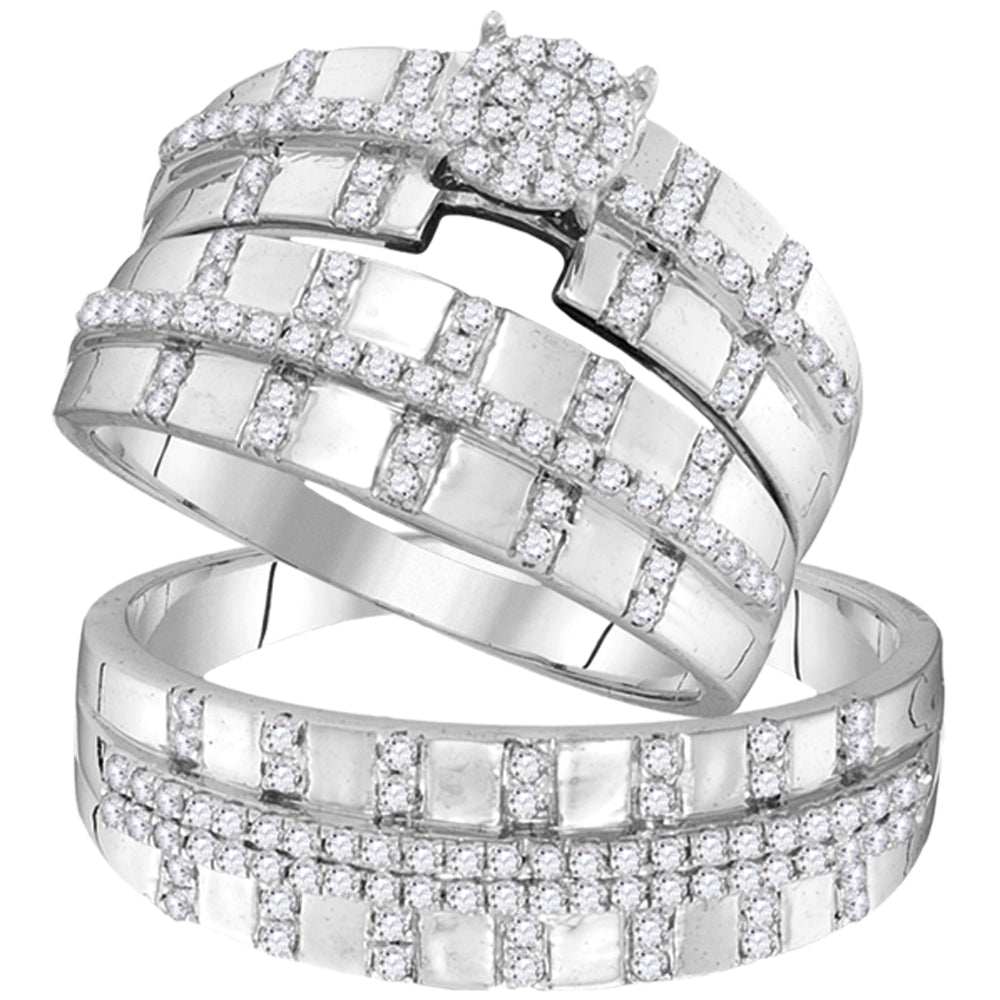 10kt White Gold His & Hers Round Diamond Cluster Matching Bridal Wedding Ring Band Set 5/8 Cttw