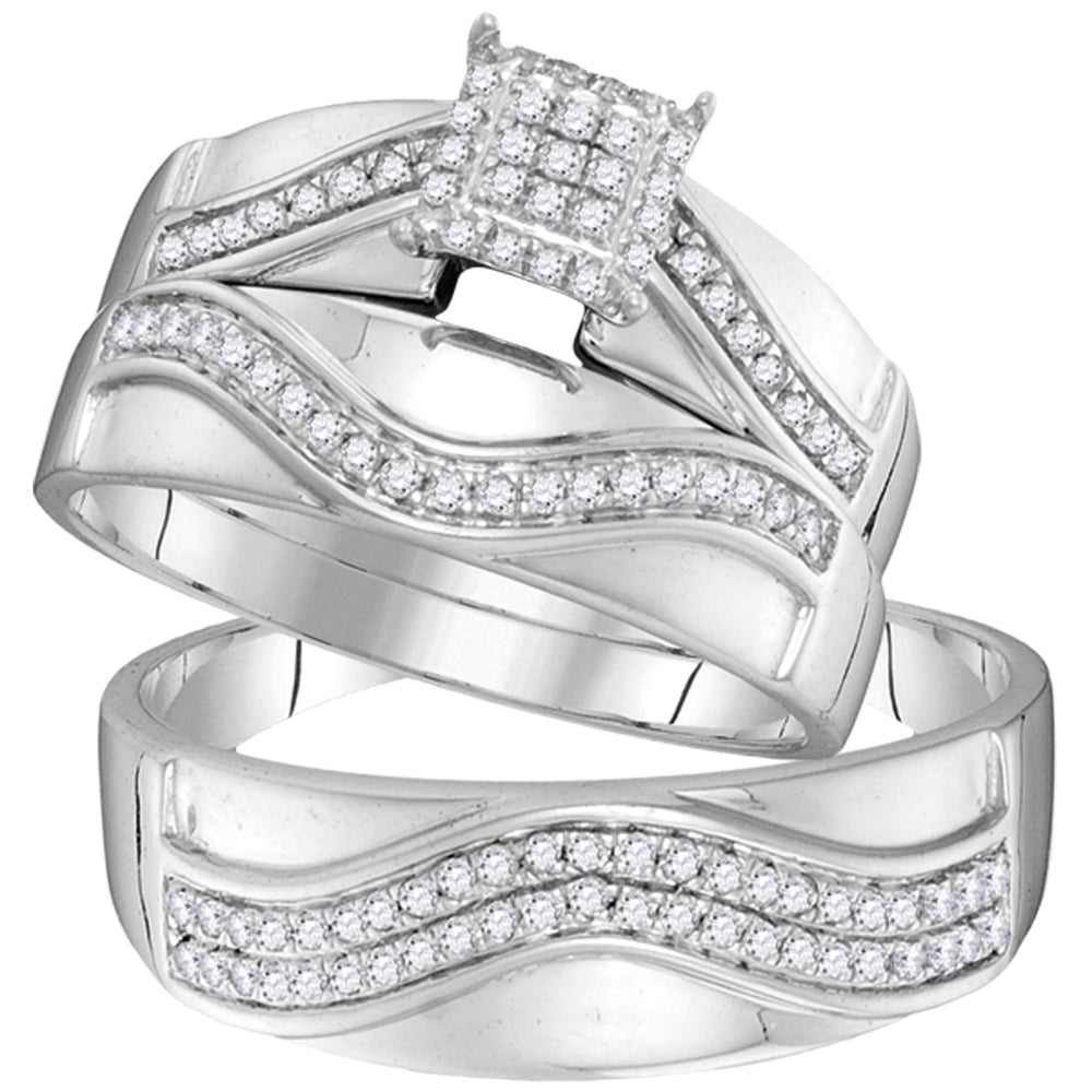 10kt White Gold His & Hers Round Diamond Cluster Matching Bridal Wedding Ring Band Set 3/8 Cttw