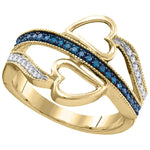 10kt Yellow Gold Womens Round Blue Color Enhanced Diamond Double Heart Love Ring 1/5 Cttw