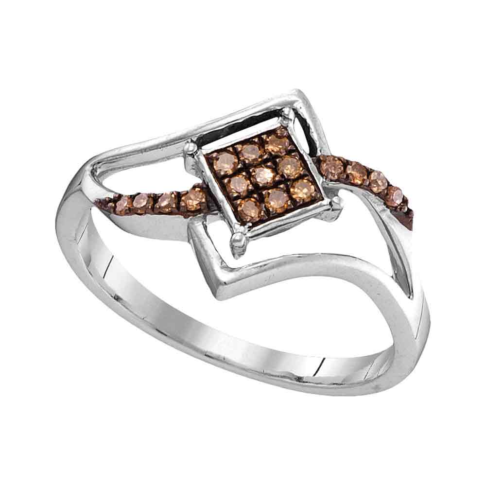 10kt White Gold Womens Round Cognac-brown Color Enhanced Diamond Square Cluster Ring 1/6 Cttw