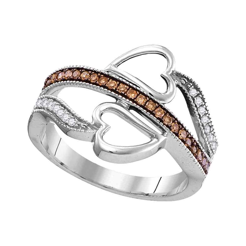 10kt White Gold Womens Round Cognac-brown Color Enhanced Diamond Heart Crossover Ring 1/5 Cttw