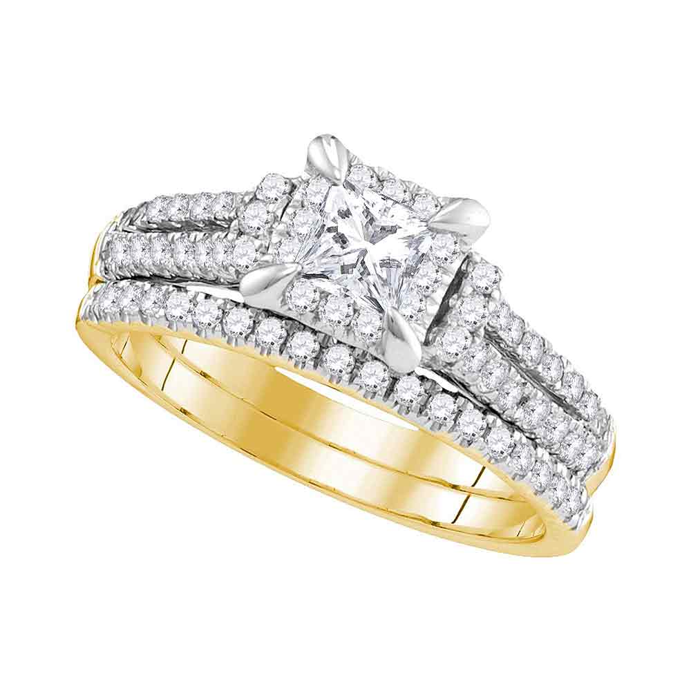 14kt Yellow Gold Womens Princess Diamond Halo Bridal Wedding Engagement Ring Band Set 1.00 Cttw