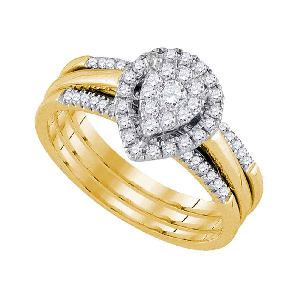 10kt Yellow Gold Womens Diamond Teardrop Cluster Bridal Wedding Engagement Ring Band Set 1/2 Cttw