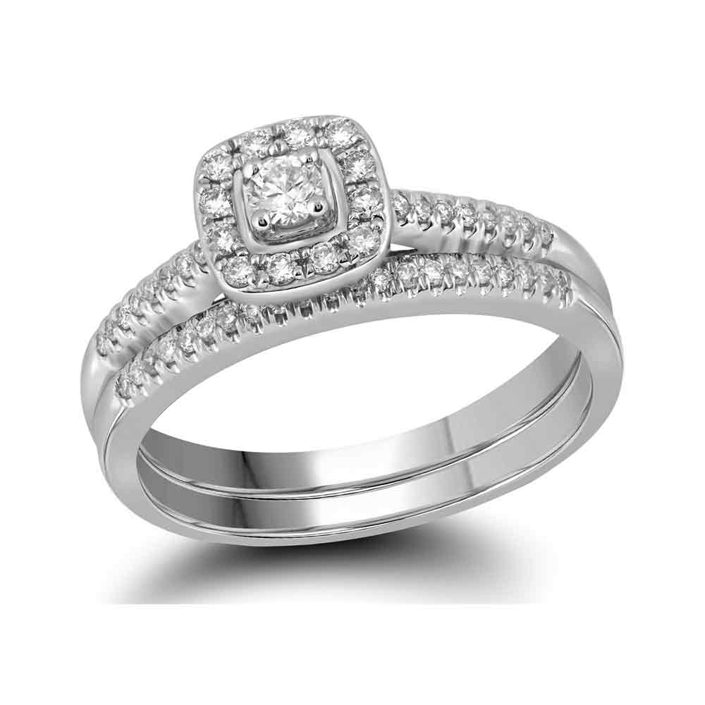 10kt White Gold Womens Princess Diamond Square Halo Bridal Wedding Engagement Ring Band Set 1/3 Cttw