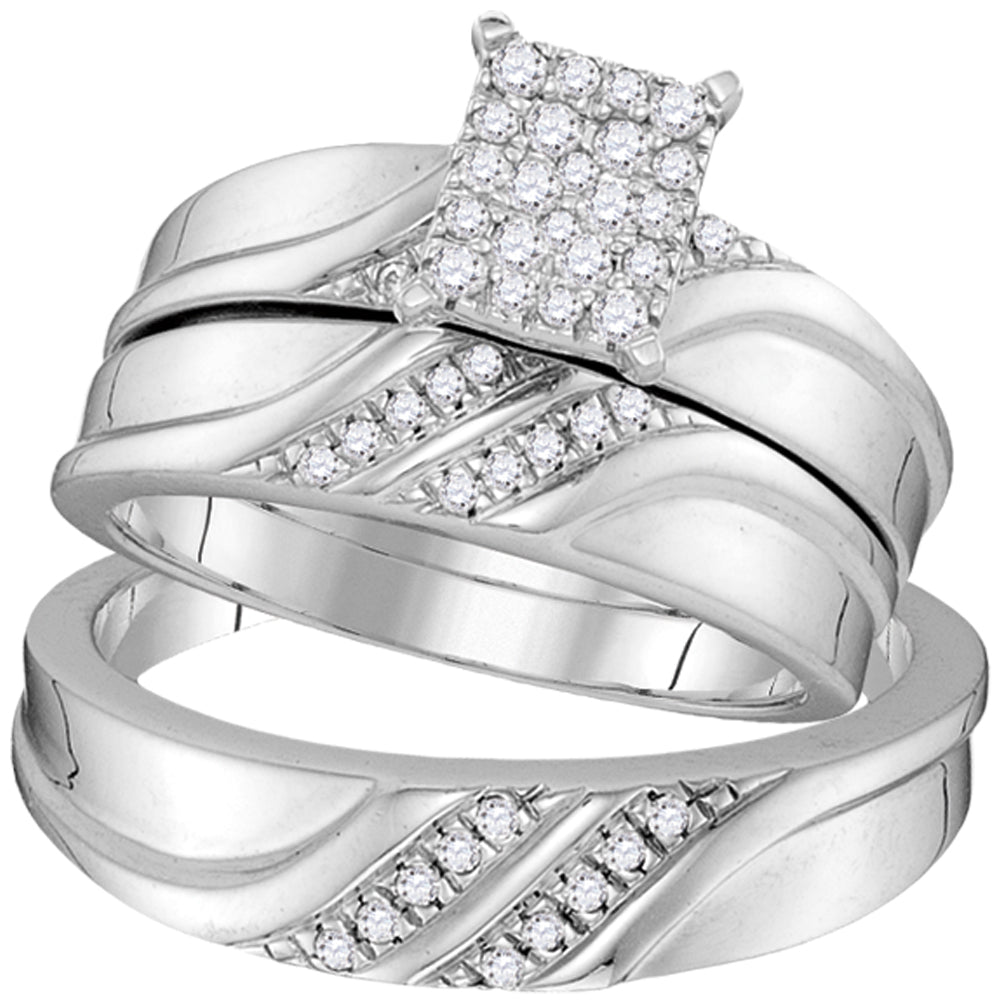 10k White Gold Diamond Cluster Matching Trio His & Hers Wedding Engagement Ring Band Set 1/3 Cttw