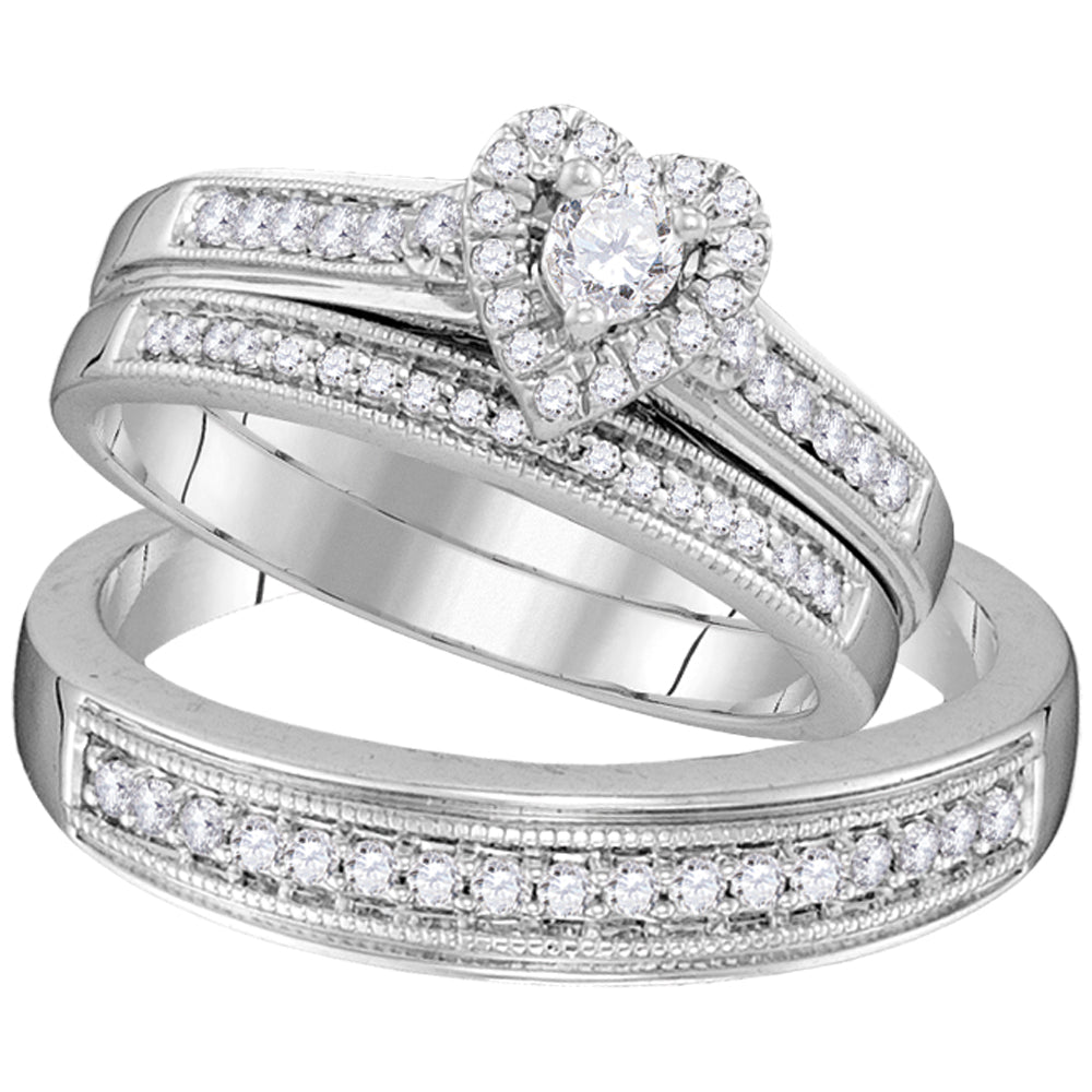 10kt White Gold His & Hers Round Diamond Heart Matching Bridal Wedding Ring Band Set 1/2 Cttw