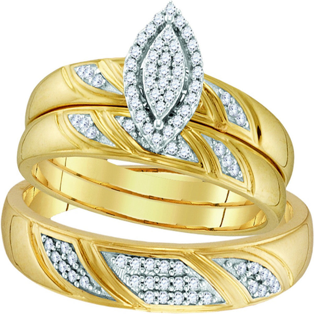 10k Yellow Gold Diamond His & Hers Matching Trio Wedding Engagement Bridal Ring Set 1/4 Cttw