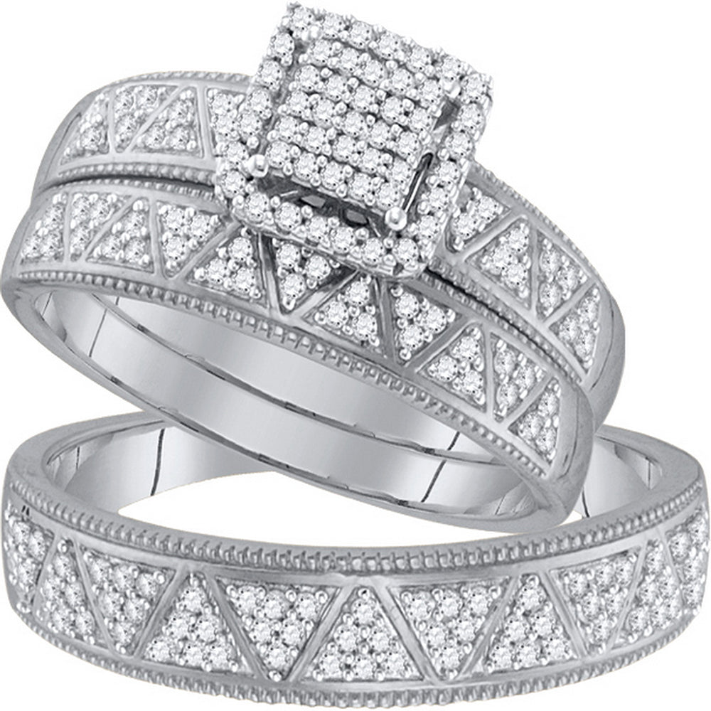 10kt White Gold His & Hers Round Diamond Square Cluster Matching Bridal Wedding Ring Band Set 1/2 Cttw