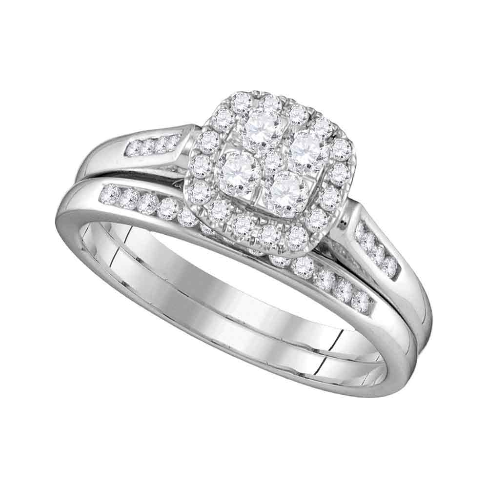 14kt White Gold Womens Round Diamond Cluster Bridal Wedding Engagement Ring Band Set 1/2 Cttw