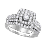 14kt White Gold Womens Round Diamond Double Square Halo Bridal Wedding Engagement Ring Band Set 1-3/4 Cttw