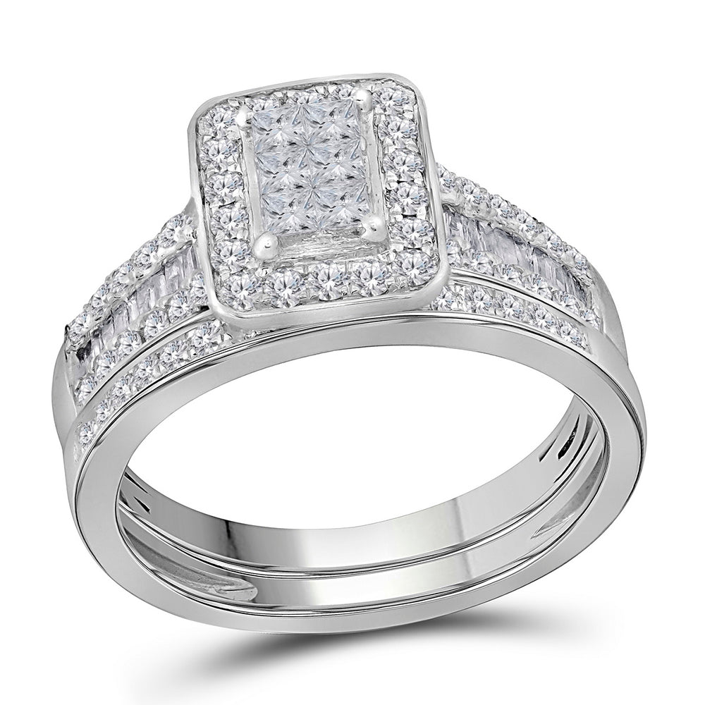 14kt White Gold Womens Princess Diamond Bridal Wedding Engagement Ring Band Set 1.00 Cttw