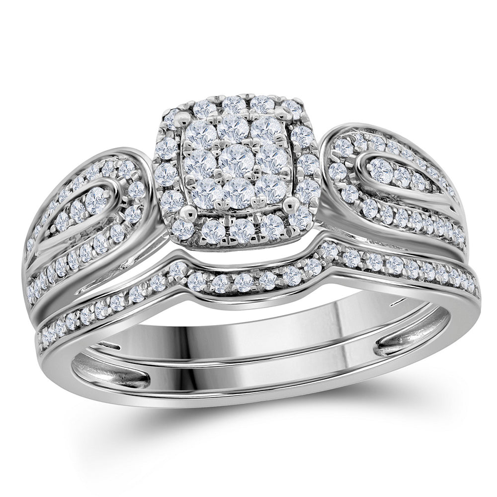 10kt White Gold Womens Round Diamond Cluster Bridal Wedding Engagement Ring Band Set 3/8 Cttw