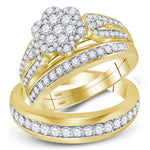 10kt Yellow Gold His & Hers Round Diamond Cluster Matching Bridal Wedding Ring Band Set 1-1/3 Cttw