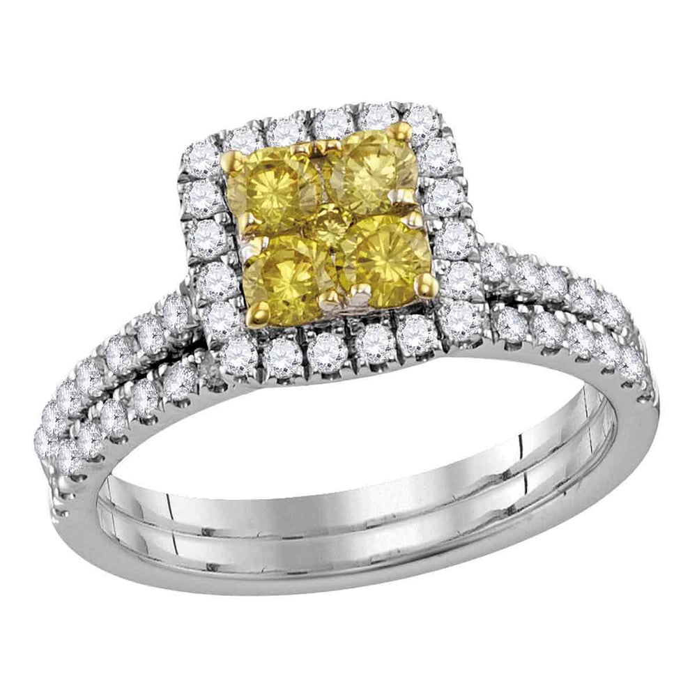 14kt White Gold Womens Canary Yellow Diamond Square Cluster Bridal Wedding Ring Set 1-1/4 Cttw