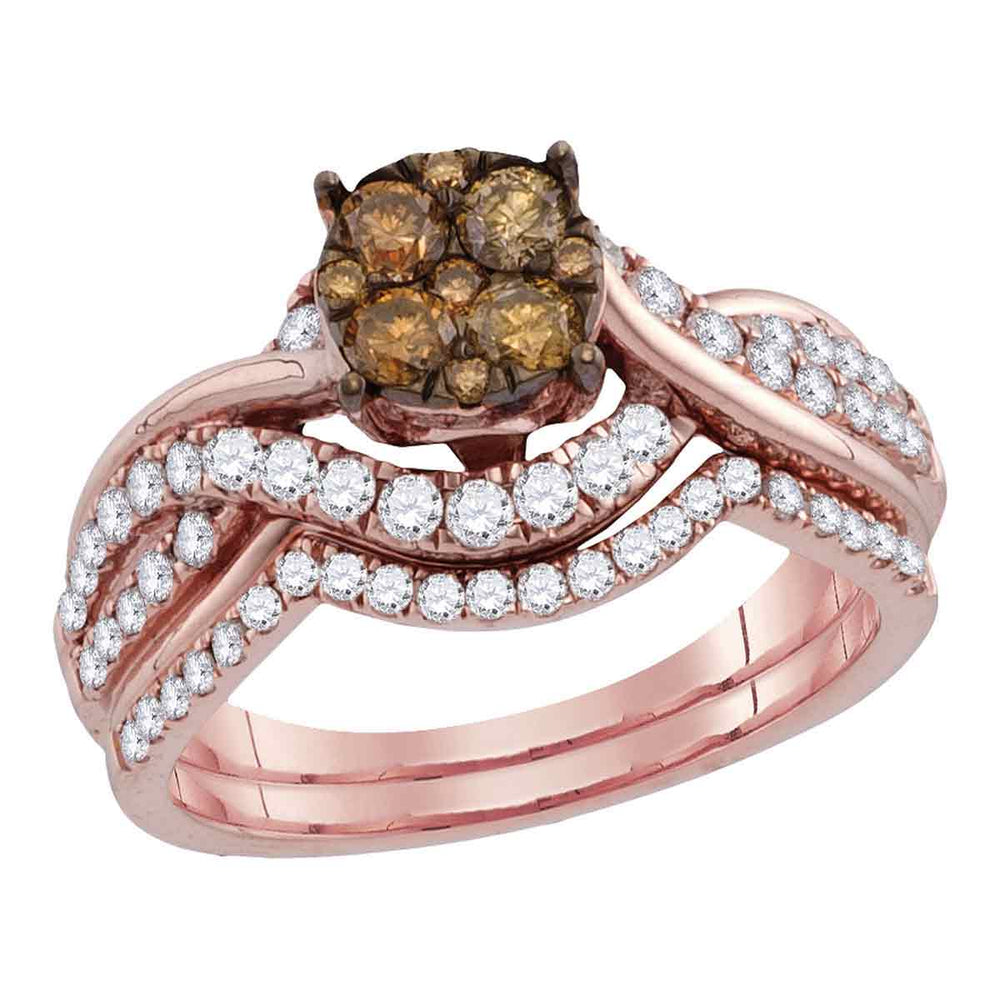 14kt Rose Gold Womens Round Brown Diamond Cluster Bridal Wedding Engagement Ring Band Set 1.00 Cttw