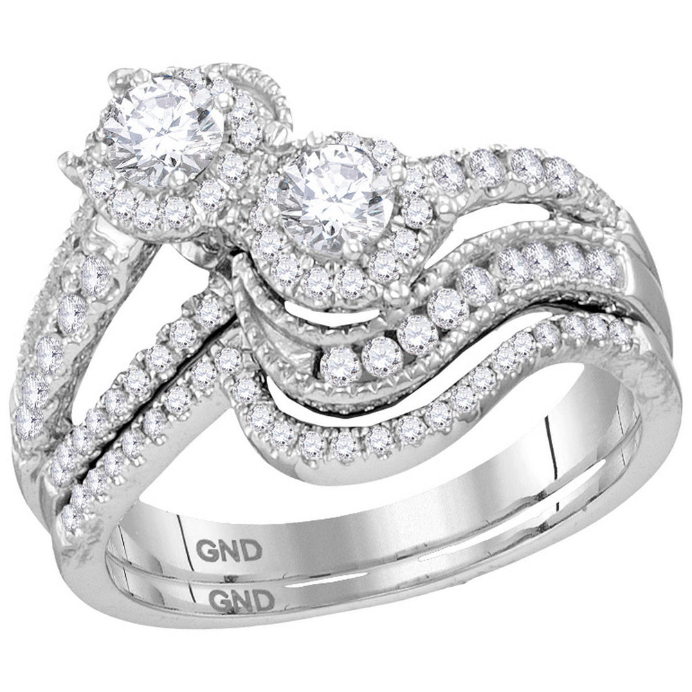 14kt White Gold Womens Round Diamond 2-stone Bridal Wedding Engagement Ring Band Set 1.00 Cttw