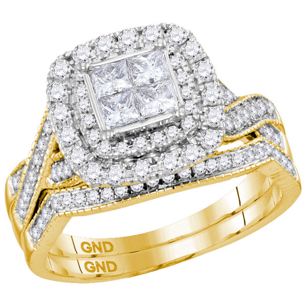 14kt Yellow Gold Womens Princess Diamond Cluster Halo Bridal Wedding Engagement Ring Band Set 1.00 Cttw