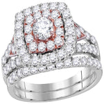 14kt White Gold Womens Round Diamond Double Halo Rose-tone Bridal Wedding Engagement Ring Band Set 2.00 Cttw