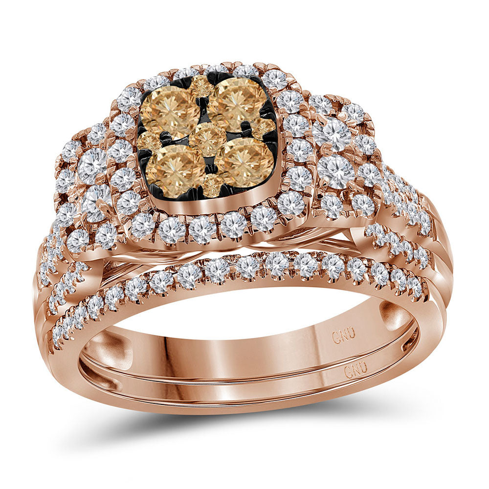 14kt Rose Gold Womens Round Brown Diamond Cluster Bridal Wedding Engagement Ring Band Set 1.00 Cttw