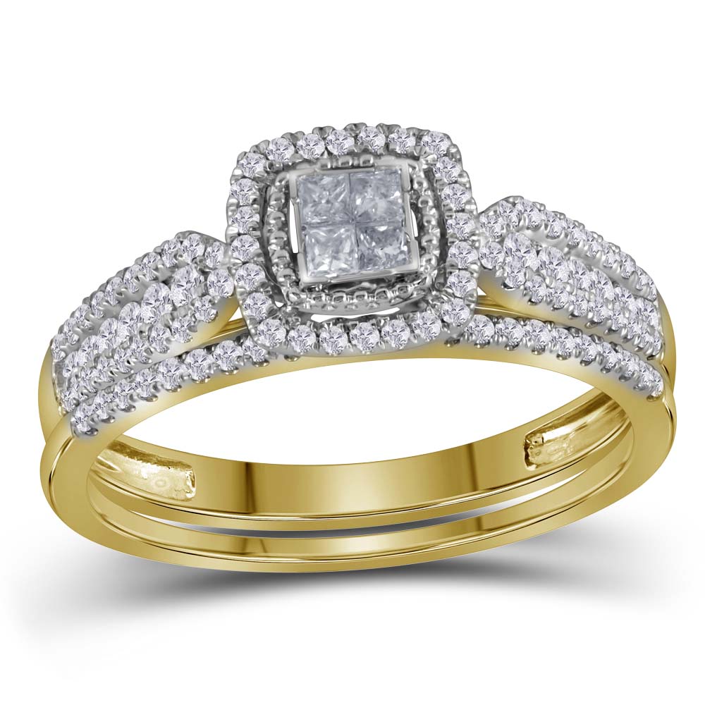 14kt Yellow Gold Womens Princess Diamond Halo Bridal Wedding Engagement Ring Band Set 1/2 Cttw