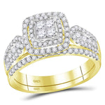 14kt Yellow Gold Womens Princess Diamond Cluster Halo Bridal Wedding Engagement Ring Band Set 1.00 Cttw