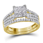 14kt Yellow Gold Womens Princess Diamond Cluster Bridal Wedding Engagement Ring Band Set 1.00 Cttw