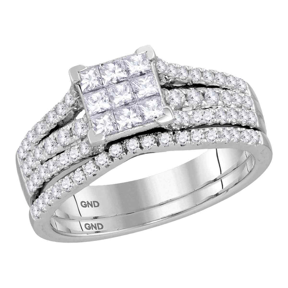 14kt White Gold Womens Princess Diamond Cluster Bridal Wedding Engagement Ring Band Set 1.00 Cttw