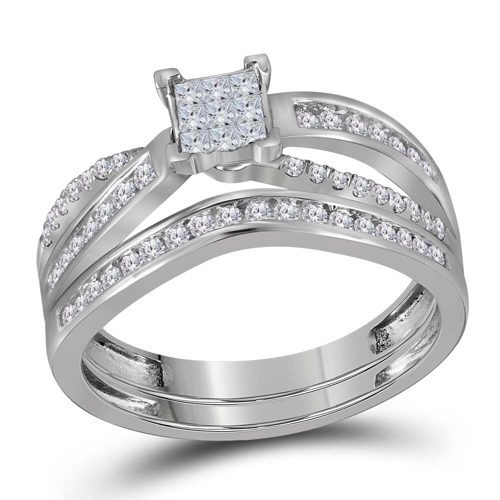 14kt White Gold Womens Princess Diamond Bridal Wedding Engagement Ring Band Set 1/2 Cttw