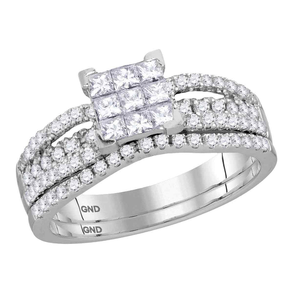 14kt White Gold Womens Princess Diamond Cluster Bridal Wedding Engagement Ring Band Set 1.00 Cttw