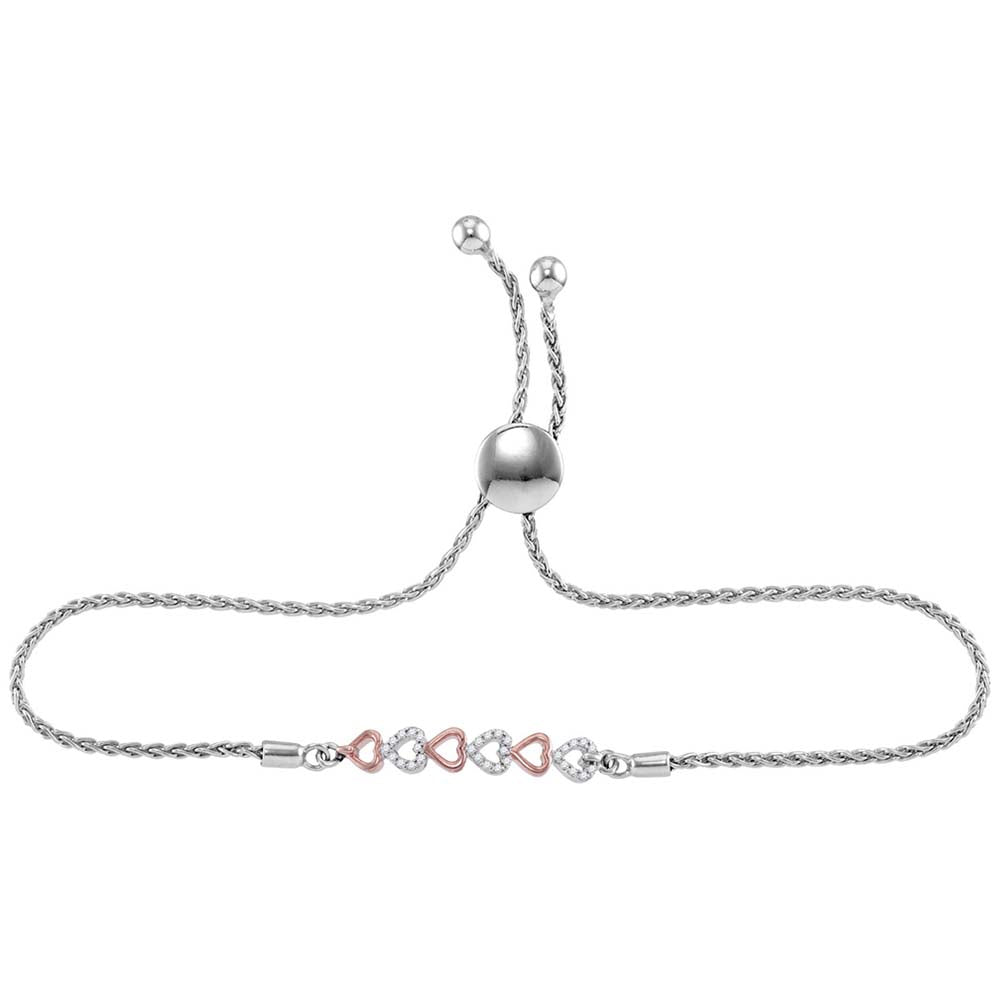 Sterling Silver Womens Round Diamond Rose-tone Heart Bolo Bracelet