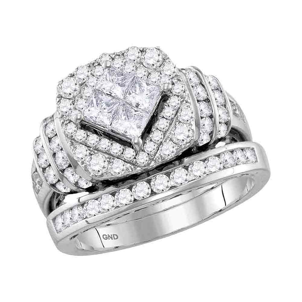 14kt White Gold Womens Princess Diamond Bridal Wedding Engagement Ring Band Set 2.00 Cttw