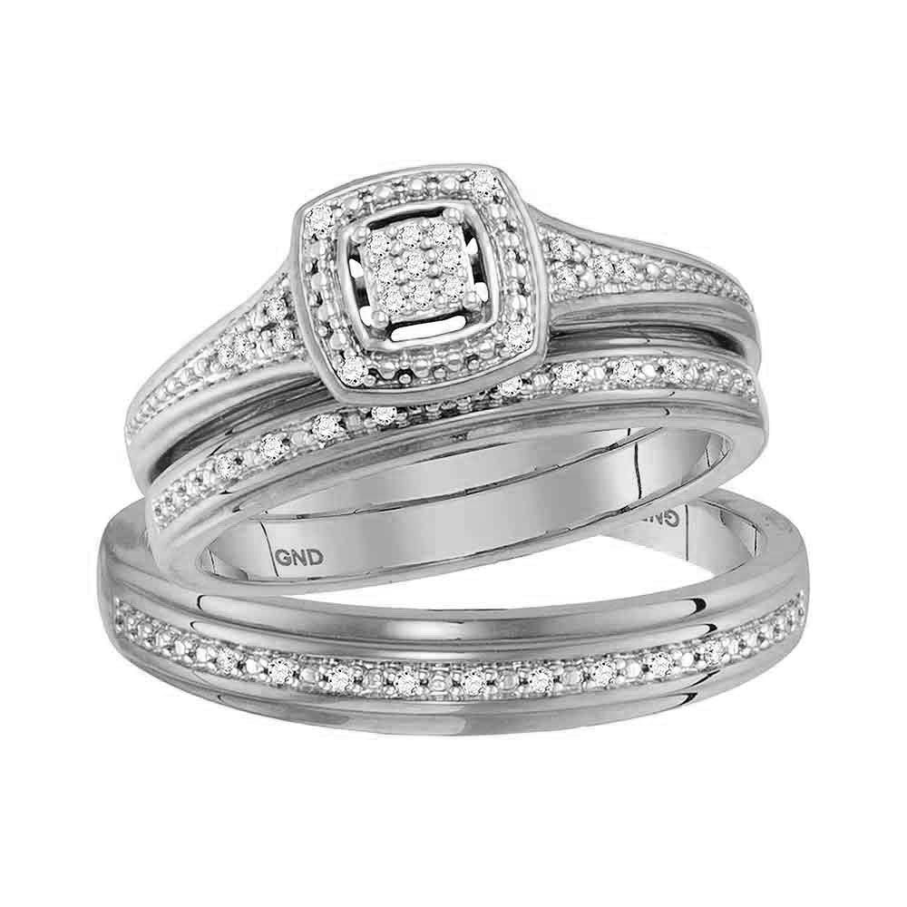 10kt White Gold His & Hers Round Diamond Cluster Matching Bridal Wedding Ring Band Set 1/10 Cttw