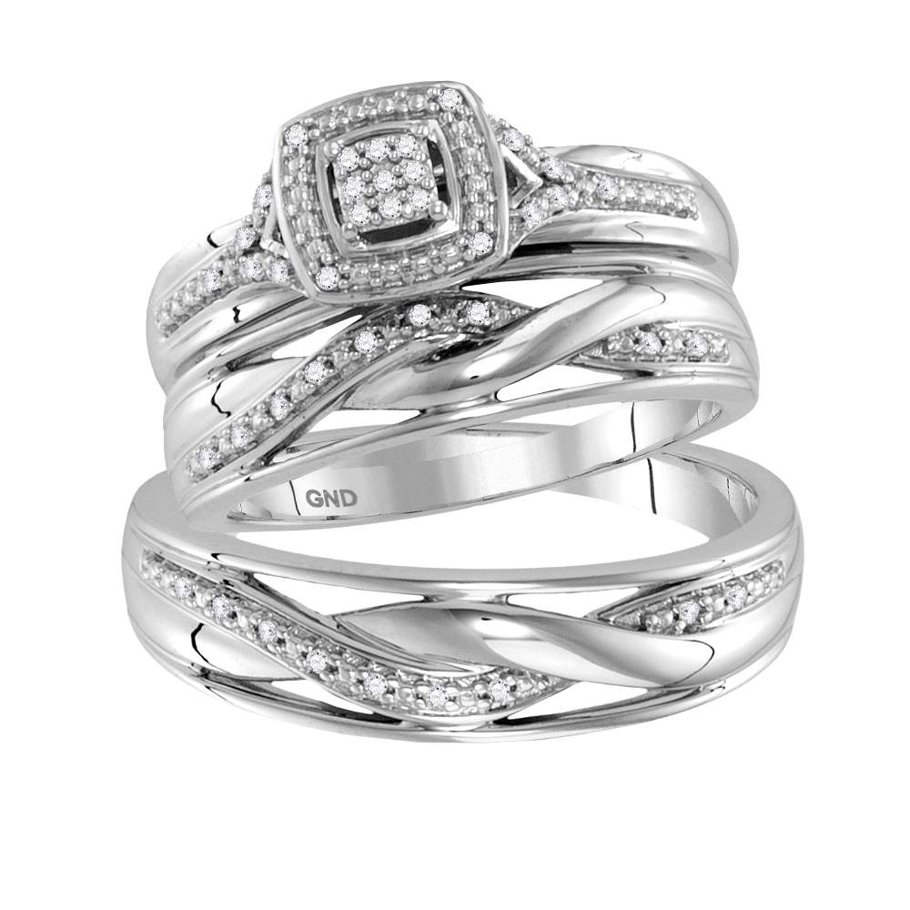 10kt White Gold His & Hers Round Diamond Cluster Matching Bridal Wedding Ring Band Set 1/10 Cttw