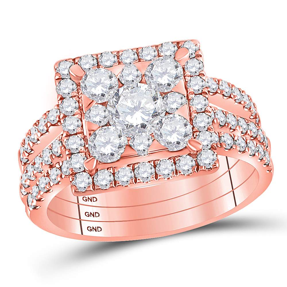 14kt Rose Gold Womens Round Diamond Square 3-Piece Bridal Wedding Engagement Ring Band Set 2.00 Cttw