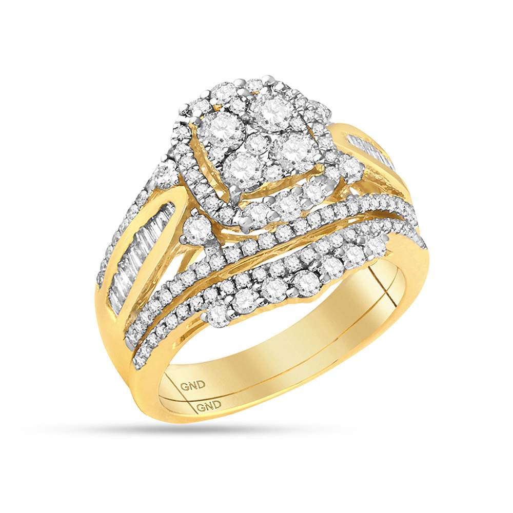 14kt Yellow Gold Womens Round Diamond Cluster Bridal Wedding Engagement Ring Band Set 1-1/2 Cttw