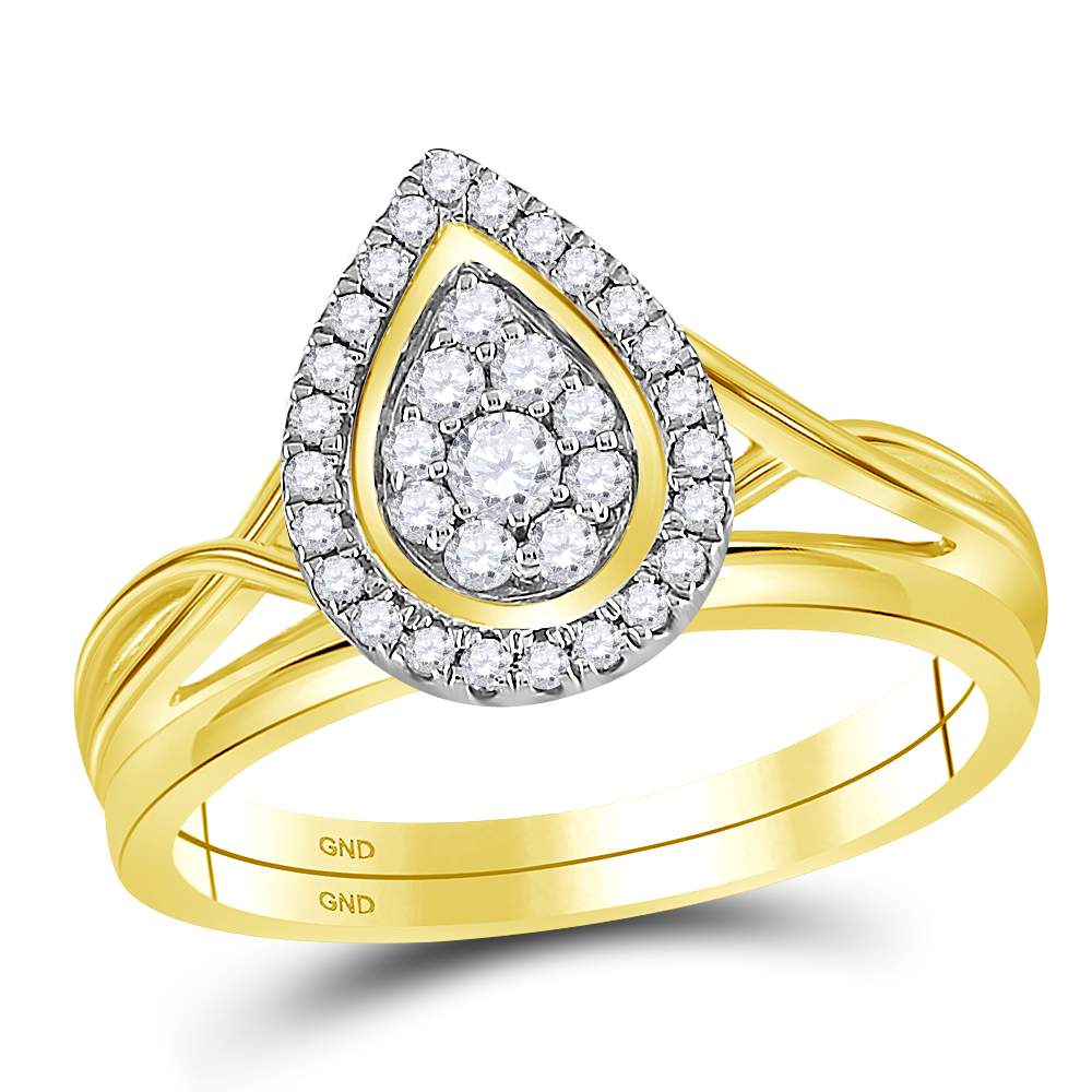 10kt Yellow Gold Womens Round Diamond Teardrop Cluster Bridal Wedding Engagement Ring Band Set 1/3 Cttw