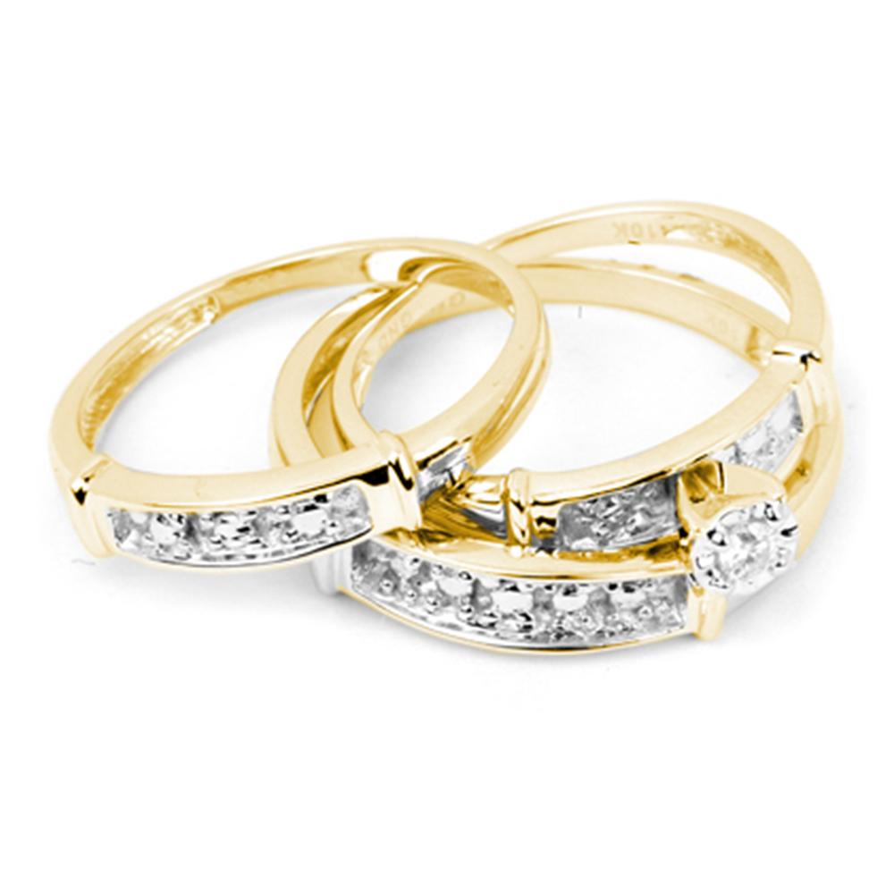 10kt Yellow Gold His & Hers Round Diamond Solitaire Matching Bridal Wedding Ring Band Set 1/10 Cttw