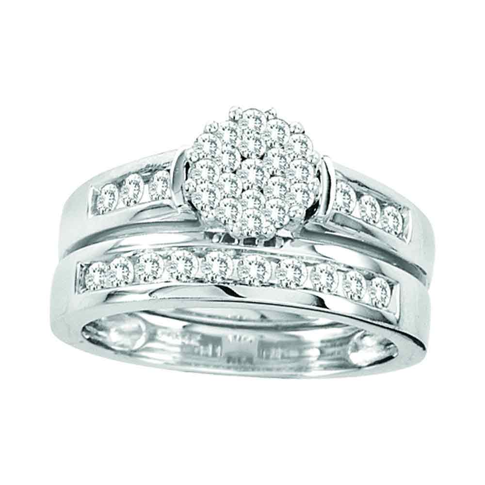 14kt White Gold Womens Round Diamond Flower Cluster Bridal Wedding Engagement Ring Band Set 3/4 Cttw