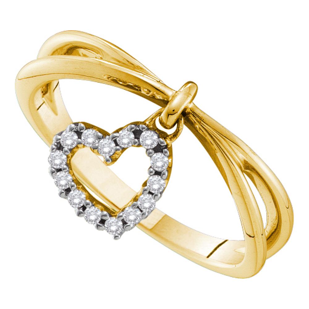 14kt Yellow Gold Womens Round Diamond Heart Love Dangle Ring 1/10 Cttw