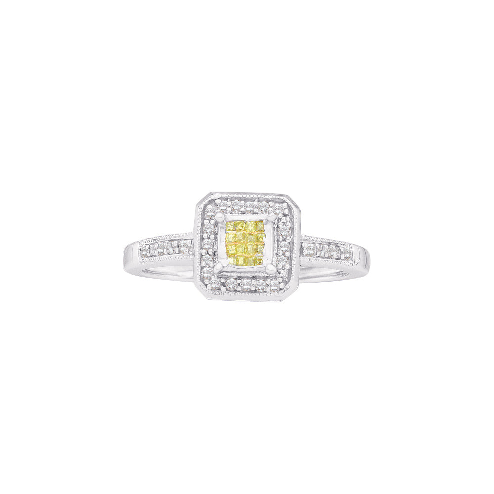 14kt White Gold Womens Princess Yellow Color Enhanced Diamond Square Frame Cluster Ring 1/4 Cttw