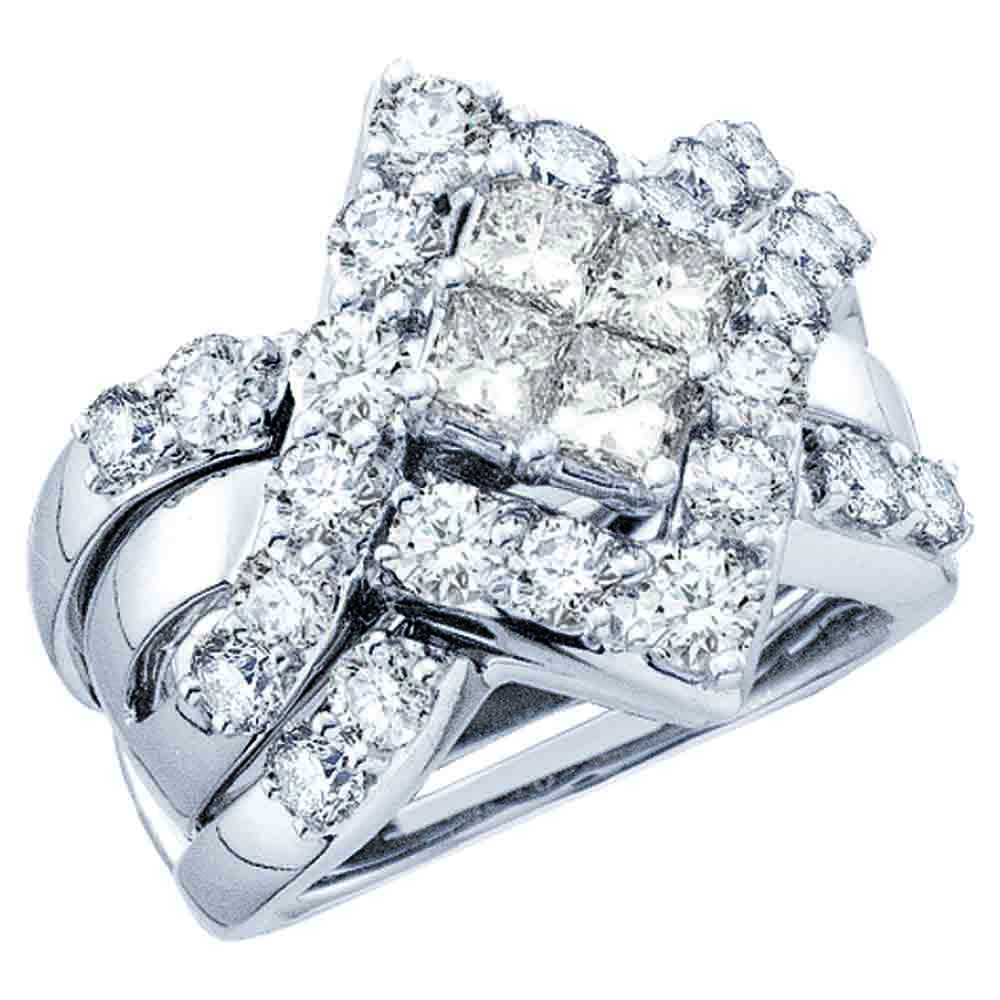 14kt White Gold Womens Princess Diamond Cluster Bridal Wedding Engagement Ring Band Set 2.00 Cttw