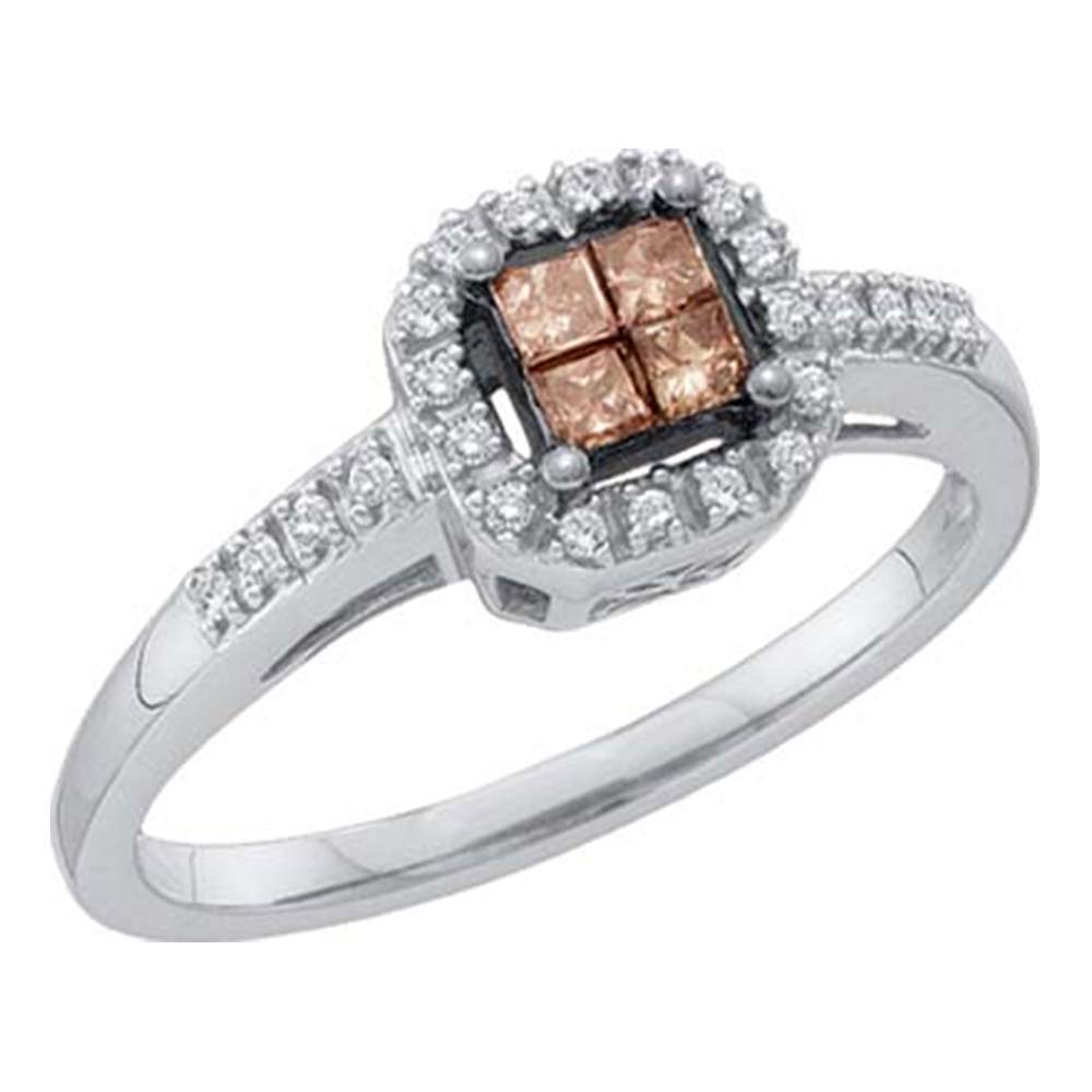 14kt White Gold Womens Princess Cognac-brown Color Enhanced Diamond Cluster Ring 1/4 Cttw