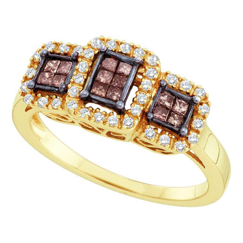 14kt Yellow Gold Womens Princess Cognac-brown Color Enhanced Diamond Triple Cluster Ring 3/8 Cttw