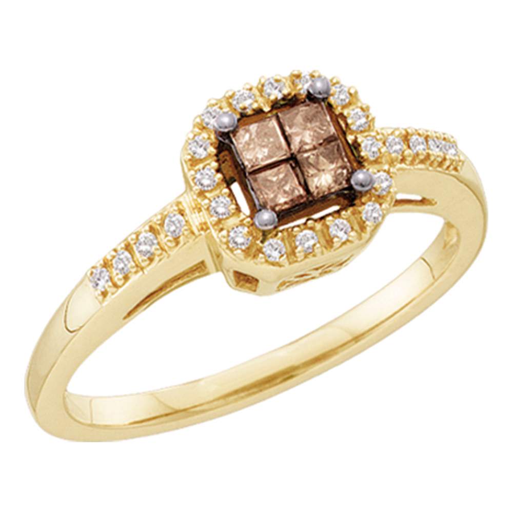 10kt Yellow Gold Womens Princess Cognac-brown Color Enhanced Diamond Square Cluster Ring 1/4 Cttw