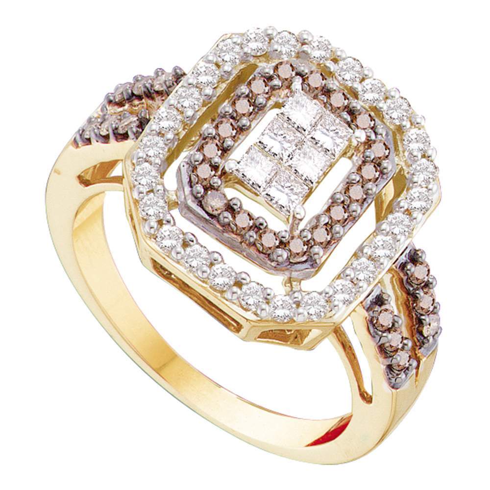 14kt Yellow Gold Womens Round Cognac-brown Color Enhanced Diamond Rectangle Cluster Ring 3/4 Cttw