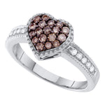 14kt White Gold Womens Round Cognac-brown Color Enhanced Diamond Heart Cluster Ring 3/8 Cttw